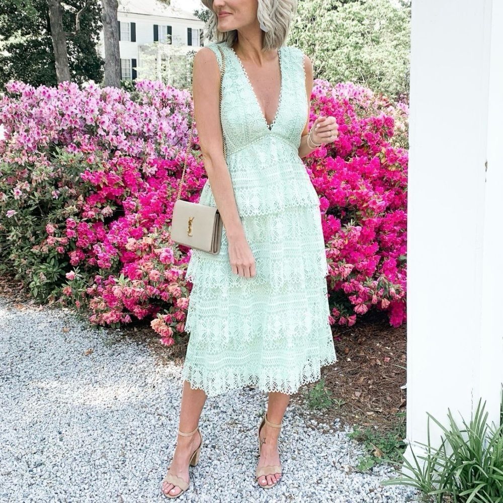 Gianni Bini Light Green Tiered Lace V Neck Midi Dress